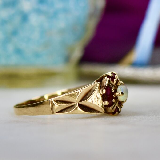 Opal and Ruby Cluster Ring in 9ct Gold