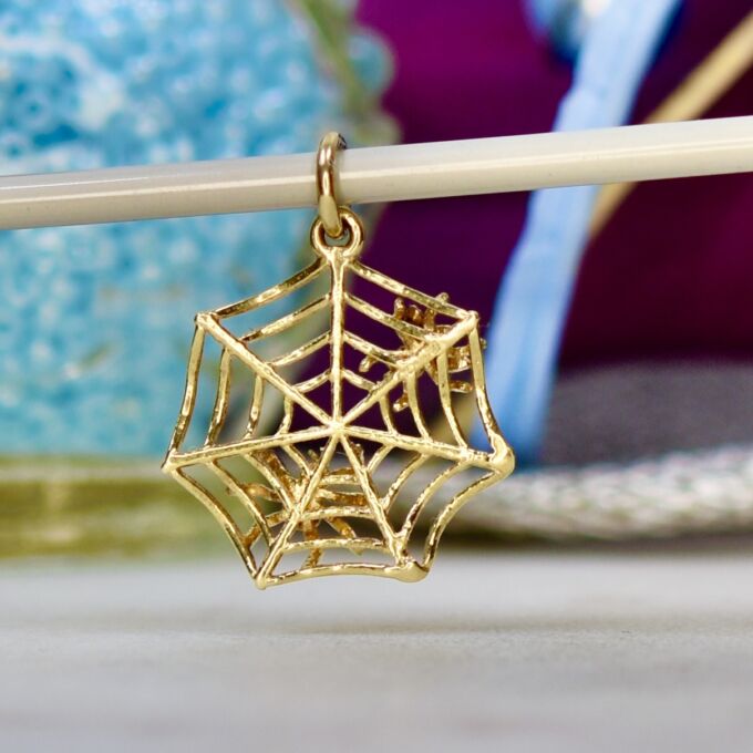 Cobweb, Spider & Fly Charm Pendant in 9ct Gold