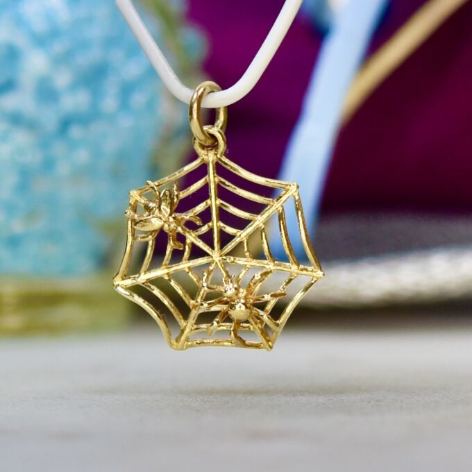 Cobweb, Spider & Fly Charm Pendant in 9ct Gold