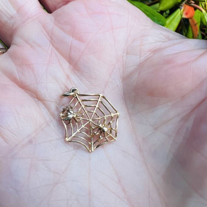 Cobweb, Spider & Fly Charm Pendant in 9ct Gold