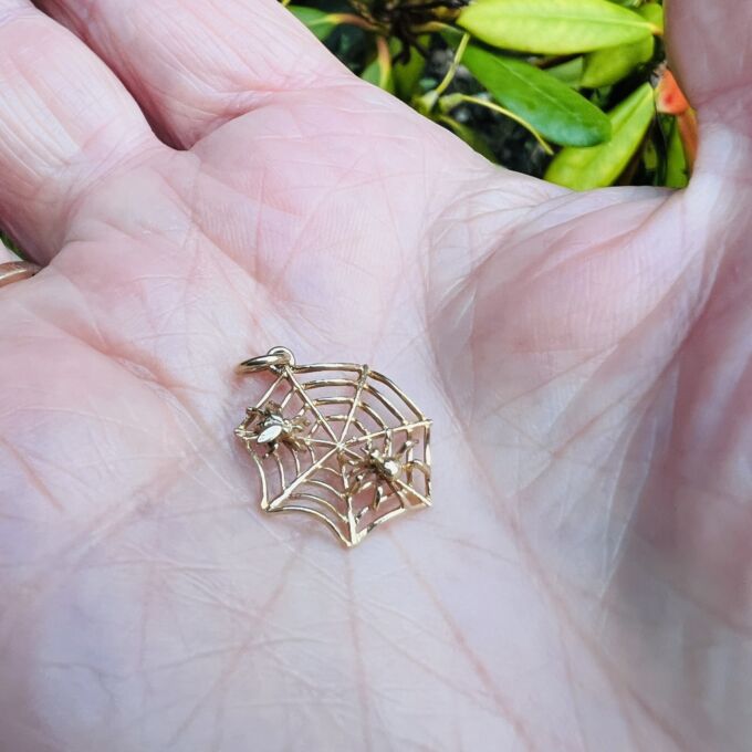 Cobweb, Spider & Fly Charm Pendant in 9ct Gold
