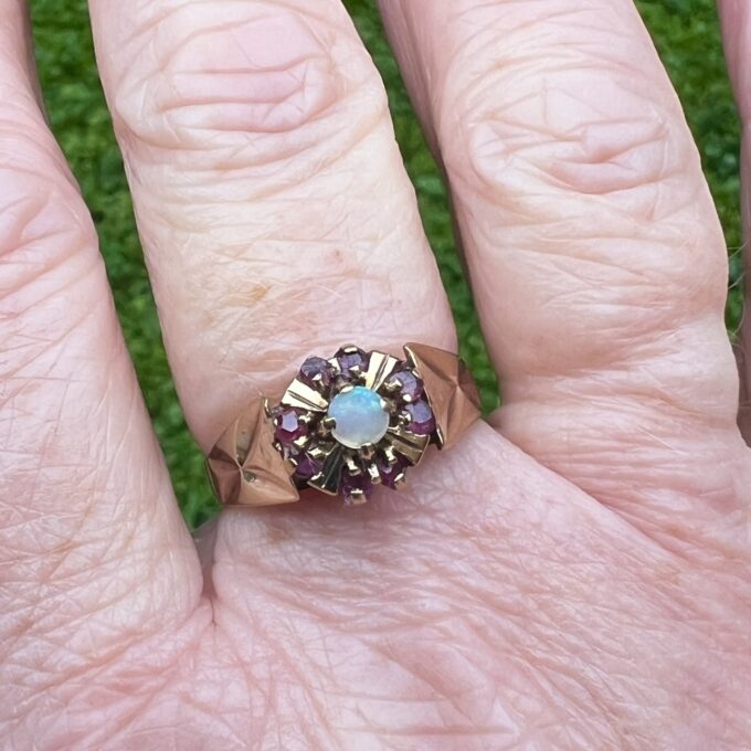 Opal and Ruby Cluster Ring in 9ct Gold