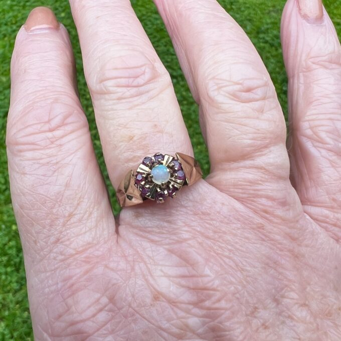 Opal and Ruby Cluster Ring in 9ct Gold