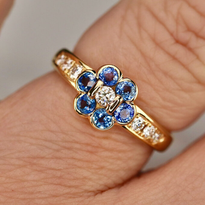Sapphire and Diamond Flower Design Ring in 18ct Yellow Gold