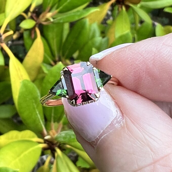 Pink and Green Tourmaline Ring in 18ct Rose Gold