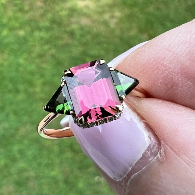 Pink and Green Tourmaline Ring in 18ct Rose Gold