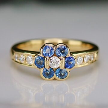 Sapphire and Diamond Flower Design Ring in 18ct Yellow Gold