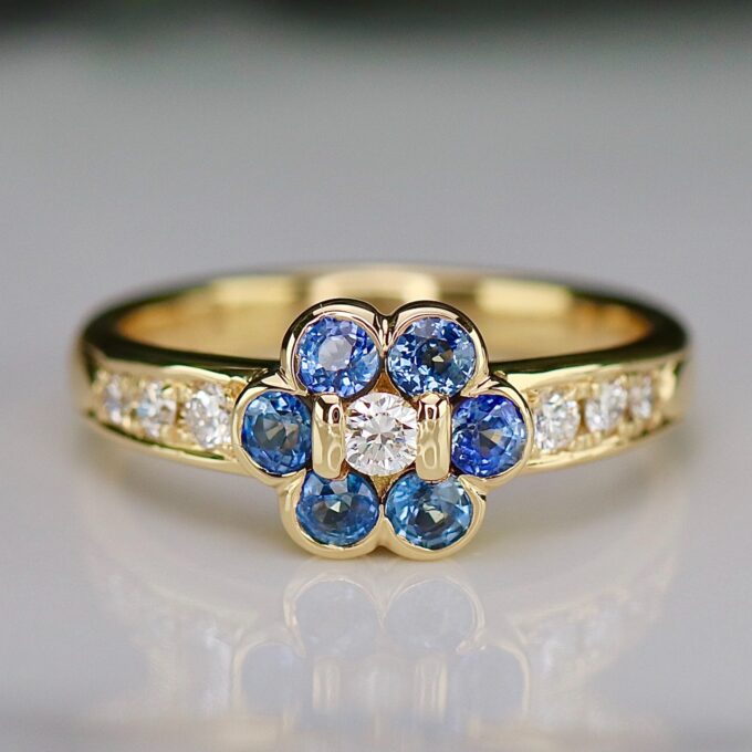Sapphire and Diamond Flower Design Ring in 18ct Yellow Gold