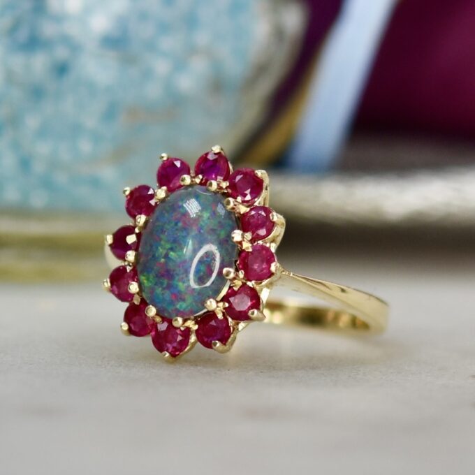 Opal & Ruby Cluster Ring in 9ct Gold