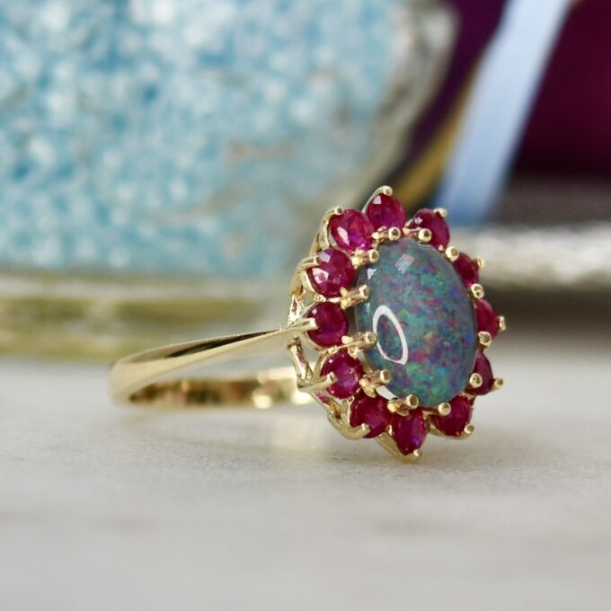 Opal & Ruby Cluster Ring in 9ct Gold