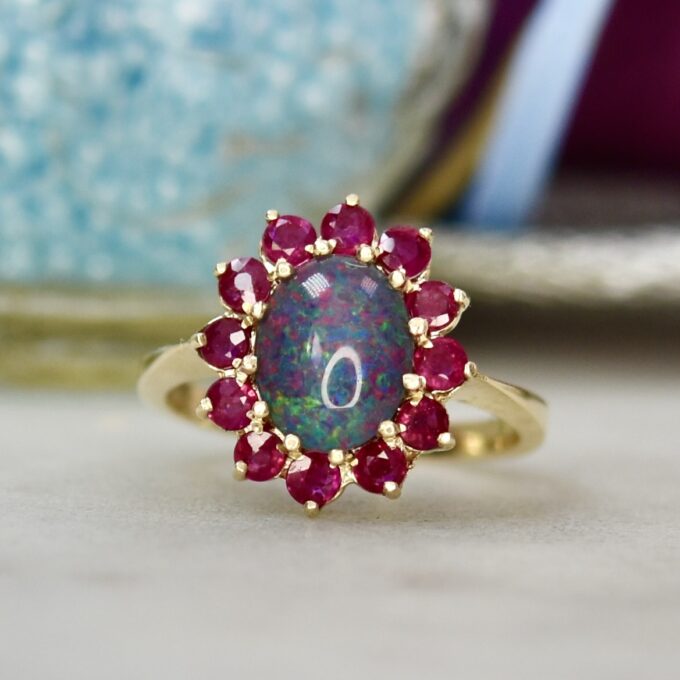 Opal & Ruby Cluster Ring in 9ct Gold