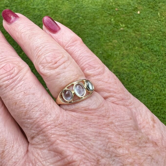 Three Stone Topaz Cabochon Ring in 9ct Gold