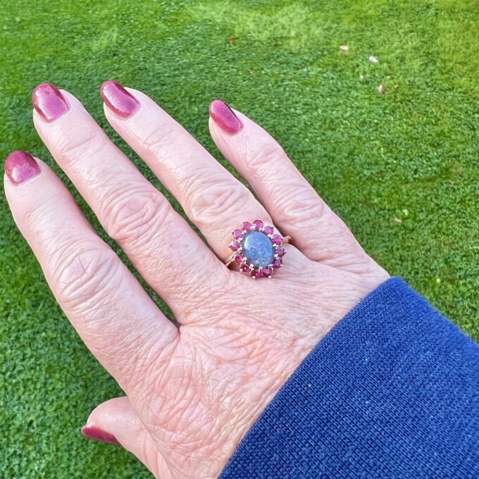 Opal & Ruby Cluster Ring in 9ct Gold