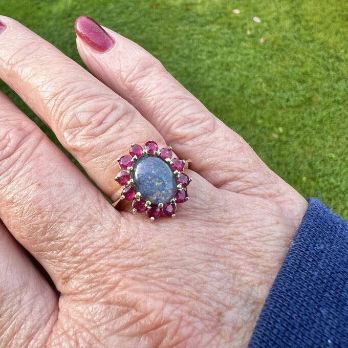 Opal & Ruby Cluster Ring in 9ct Gold