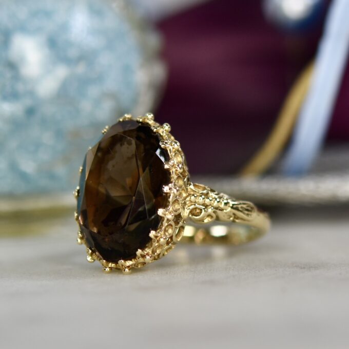 Ornate Smoky Quartz Solitaire Ring in 9ct Gold