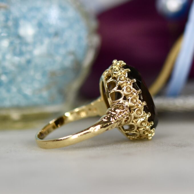 Ornate Smoky Quartz Solitaire Ring in 9ct Gold