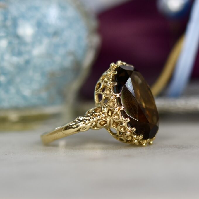 Ornate Smoky Quartz Solitaire Ring in 9ct Gold
