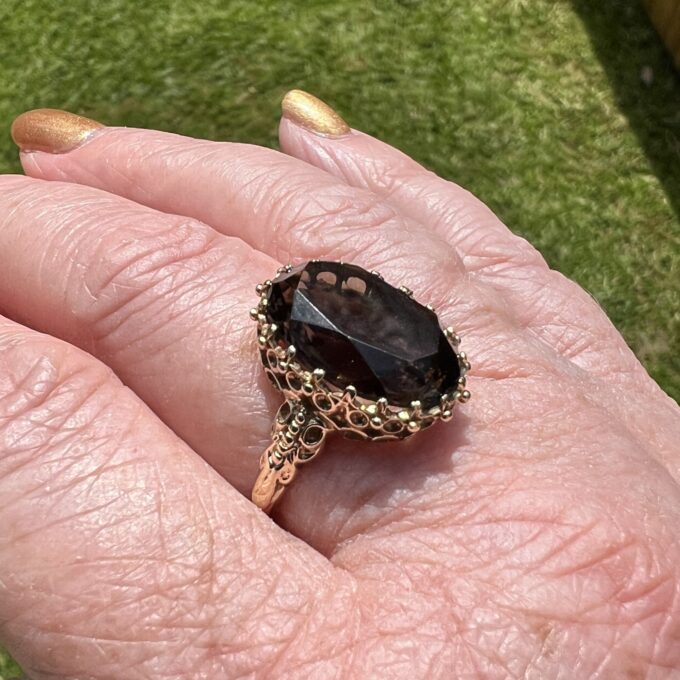 Ornate Smoky Quartz Solitaire Ring in 9ct Gold