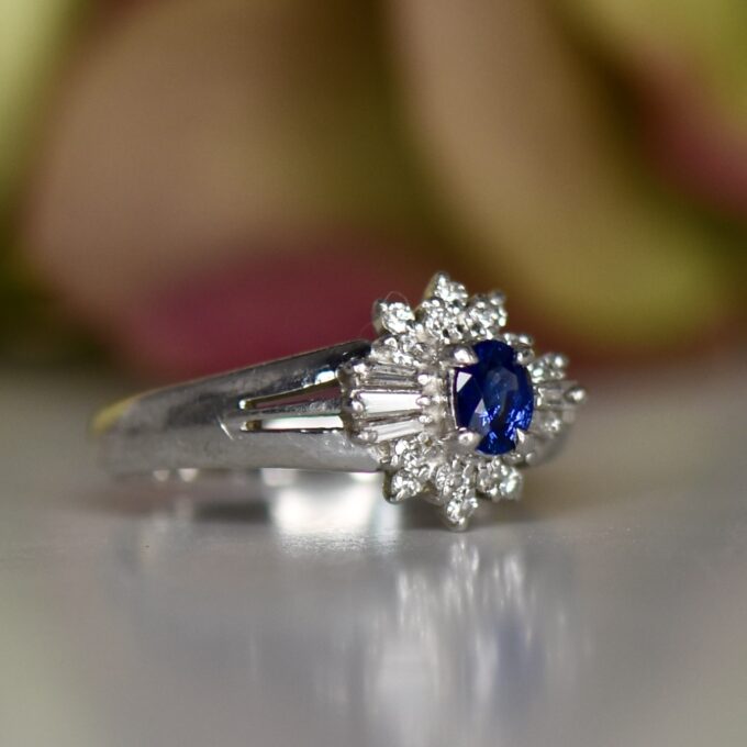 Sapphire and Diamond Cluster Ring in Platinum