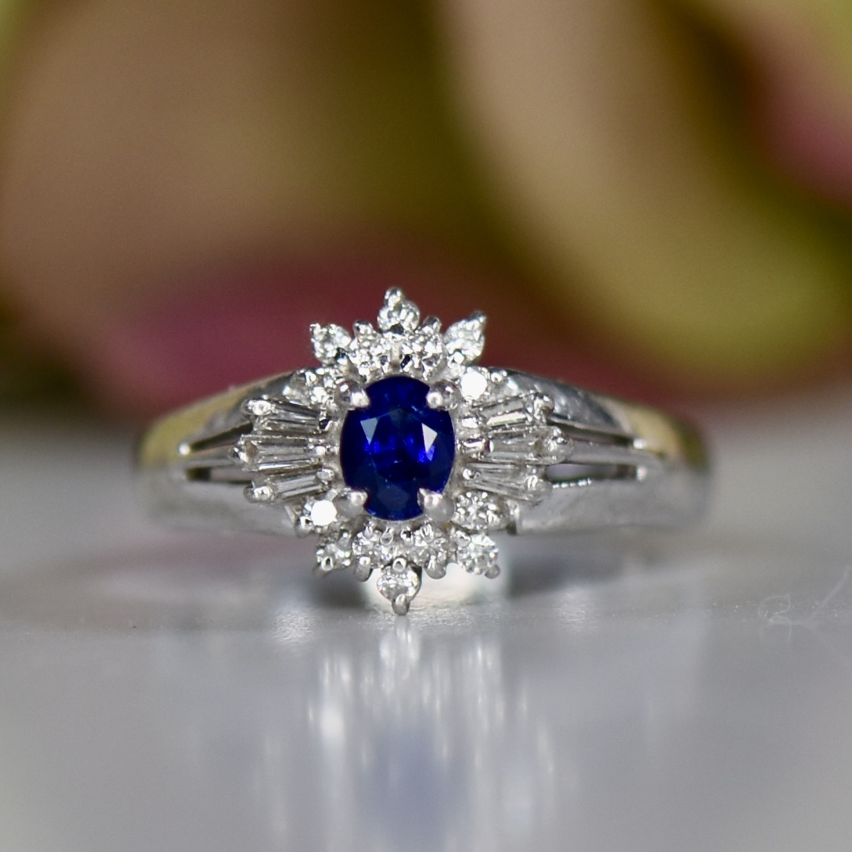 Sapphire and Diamond Cluster Ring in Platinum