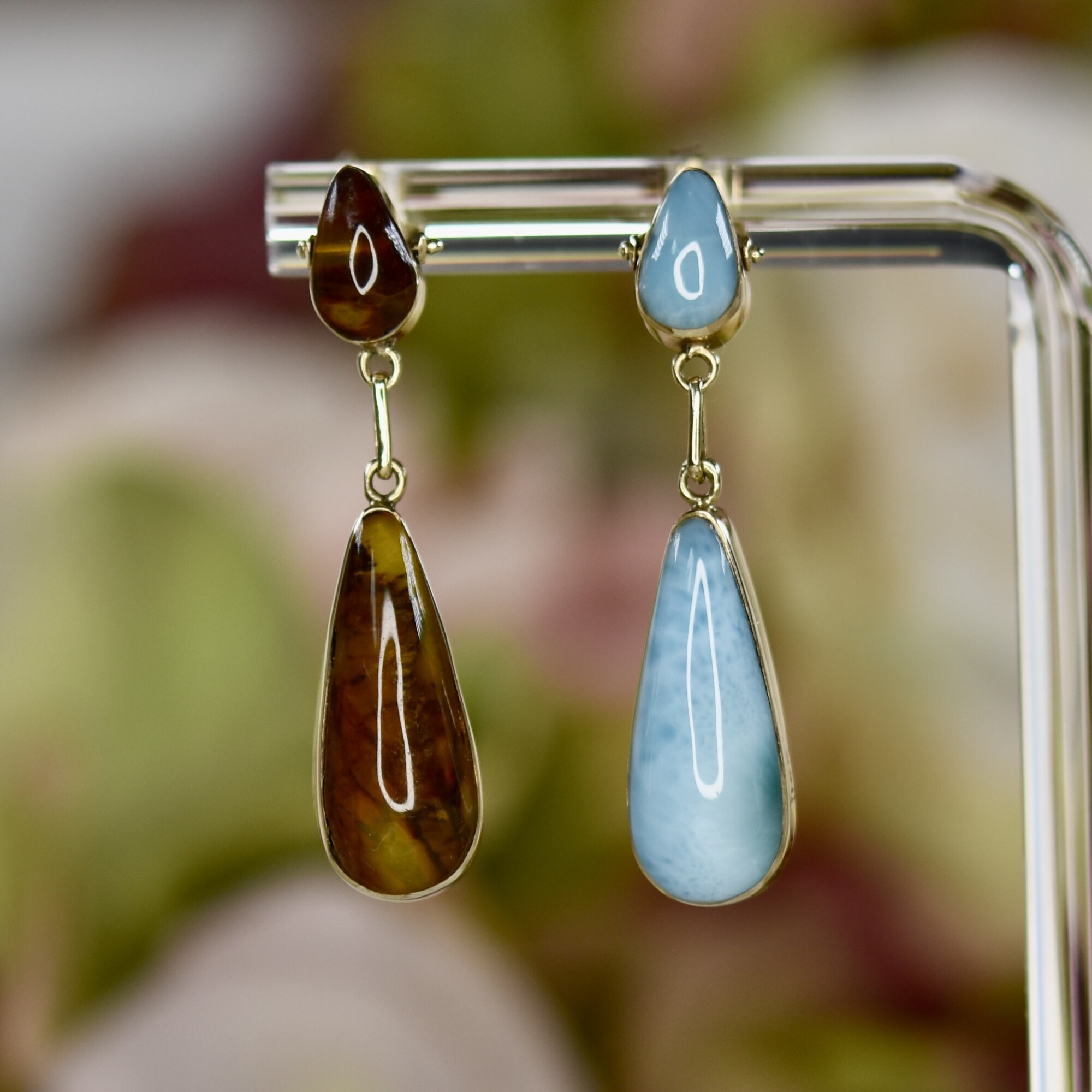 Larimar & Amber Double Sided Earrings in 14ct Gold