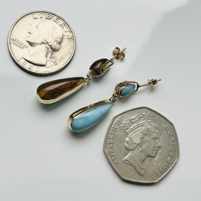 Larimar & Amber Double Sided Earrings in 14ct Gold