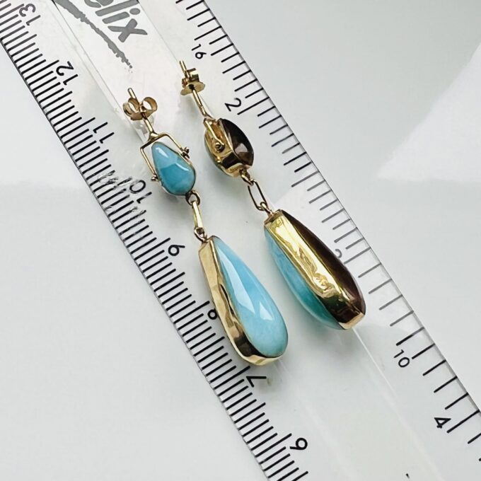 Larimar & Amber Double Sided Earrings in 14ct Gold