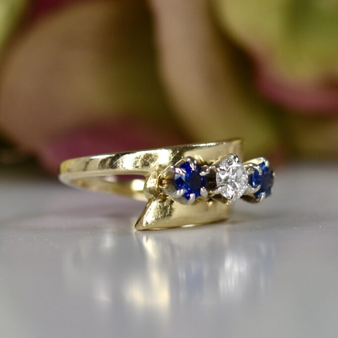 Sapphire & Diamond Crossover Bypass Ring in 14ct Gold