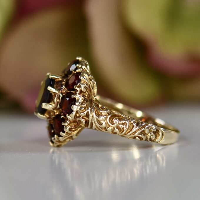 Ornate Garnet Cluster Ring in 9ct Gold