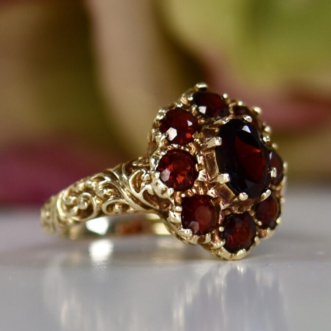 Ornate Garnet Cluster Ring in 9ct Gold