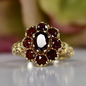 Ornate Garnet Cluster Ring in 9ct Gold