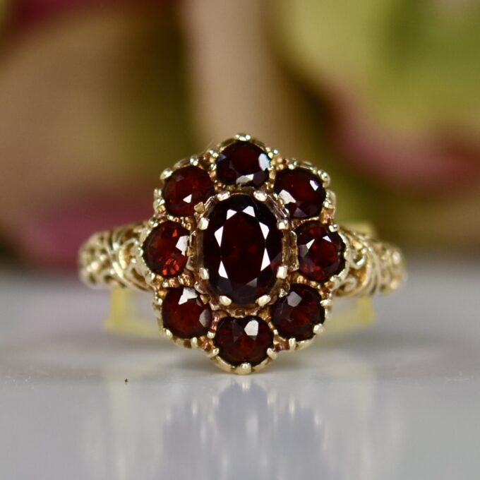 Ornate Garnet Cluster Ring in 9ct Gold