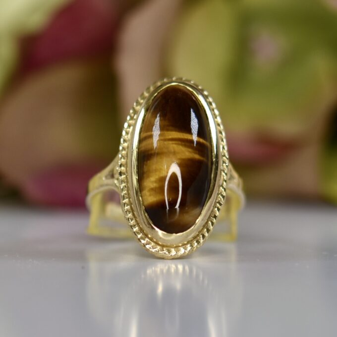 Elongated Tigers Eye Ring in 9ct Gold