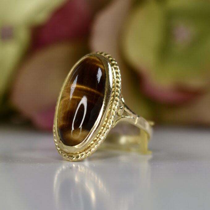Elongated Tigers Eye Ring in 9ct Gold