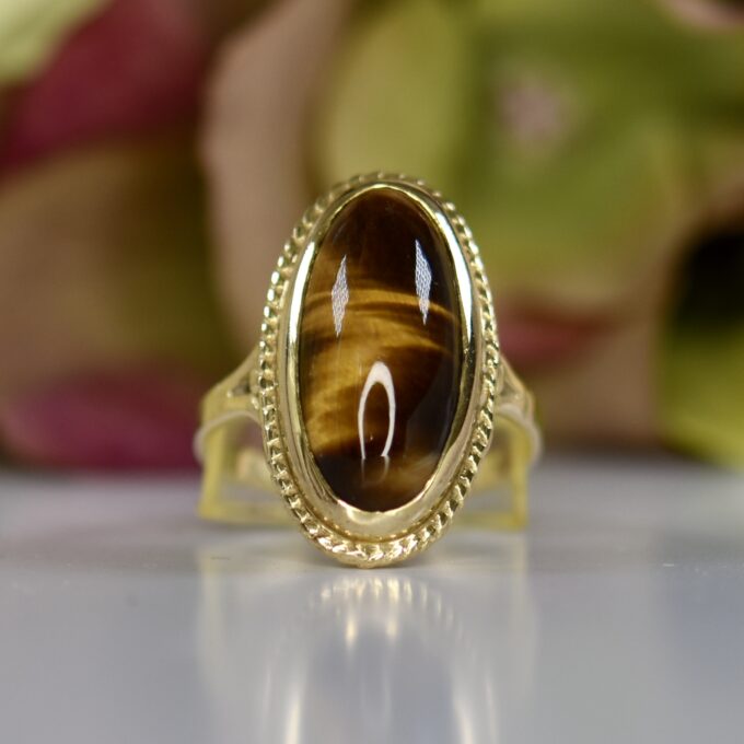Elongated Tigers Eye Ring in 9ct Gold