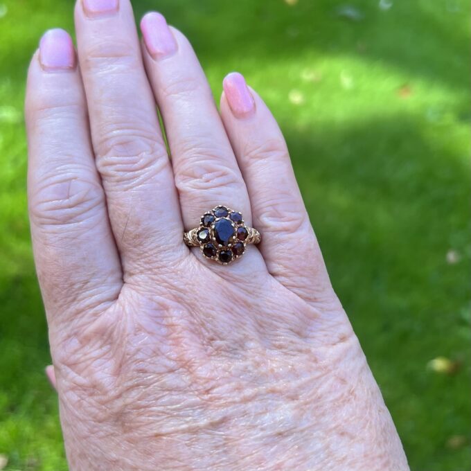 Ornate Garnet Cluster Ring in 9ct Gold