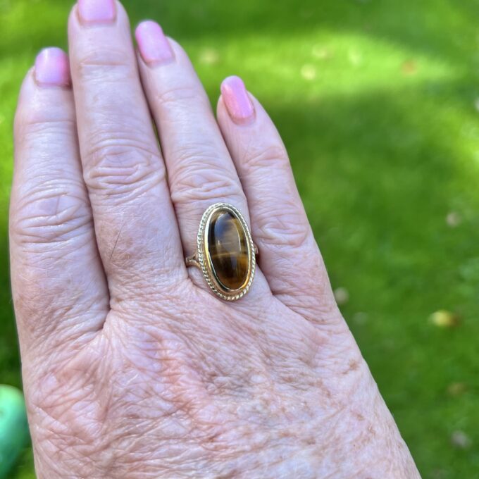 Elongated Tigers Eye Ring in 9ct Gold