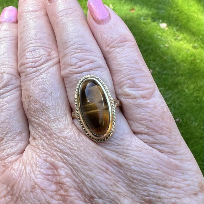 Elongated Tigers Eye Ring in 9ct Gold