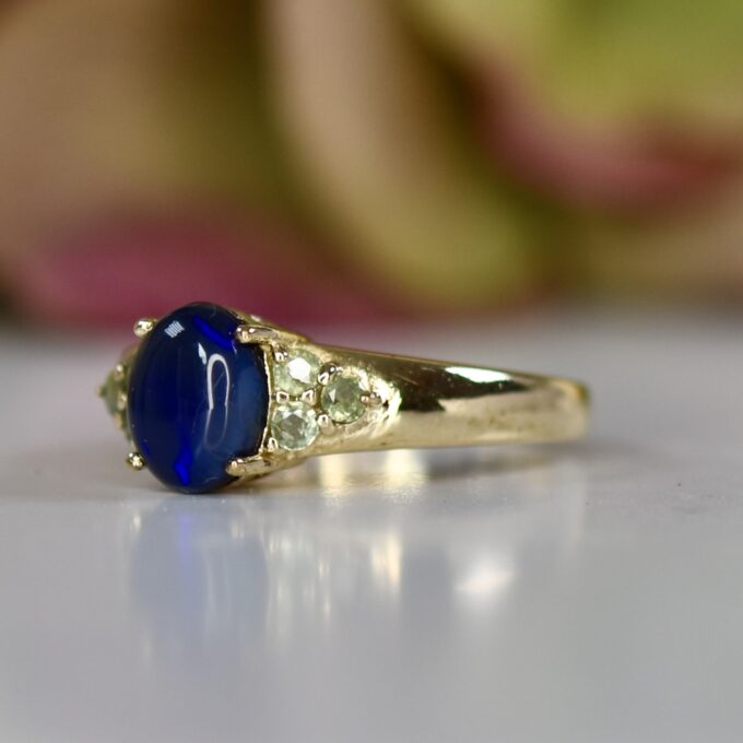 Black Opal & Green Sapphire Ring in 9ct Gold